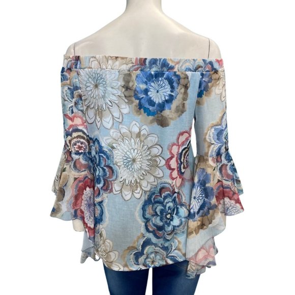 La Pateau Off The Shoulder Long Sleeve Floral Top Blue Size Medium NWT - Picture 2 of 2
